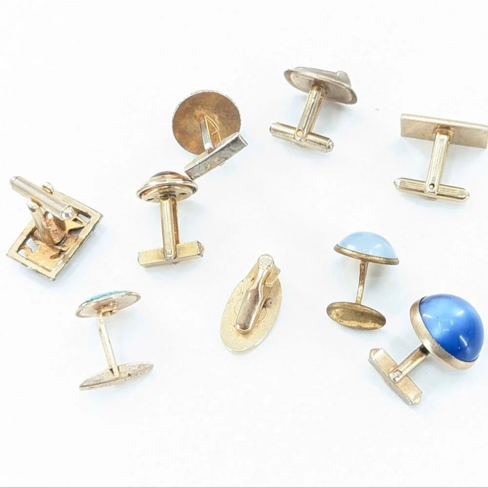 Vintage Gold Tone Cufflinks and Tie Clip Assorted Styles Colors 9 Piece